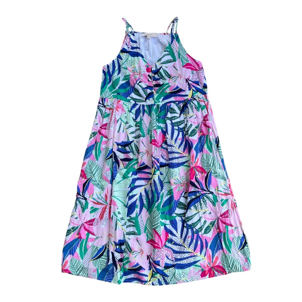 Loft Palm Print Double Strap V Neck Midi Dress Size 4 Resort Wear Flowy Chic - Picture 2 of 9